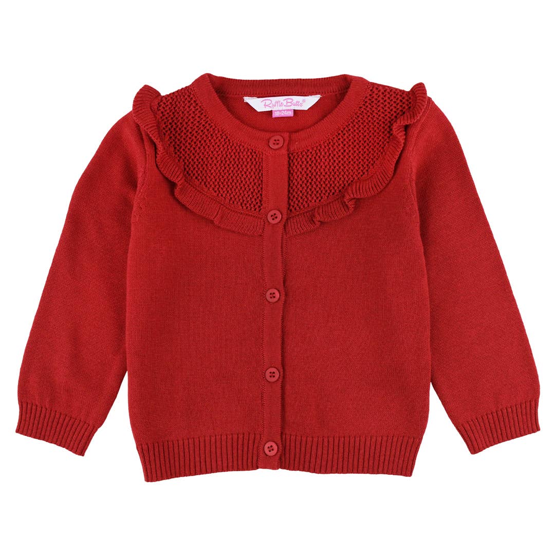 Red Sweater Knit Ruffle Trim Cardigan: Red