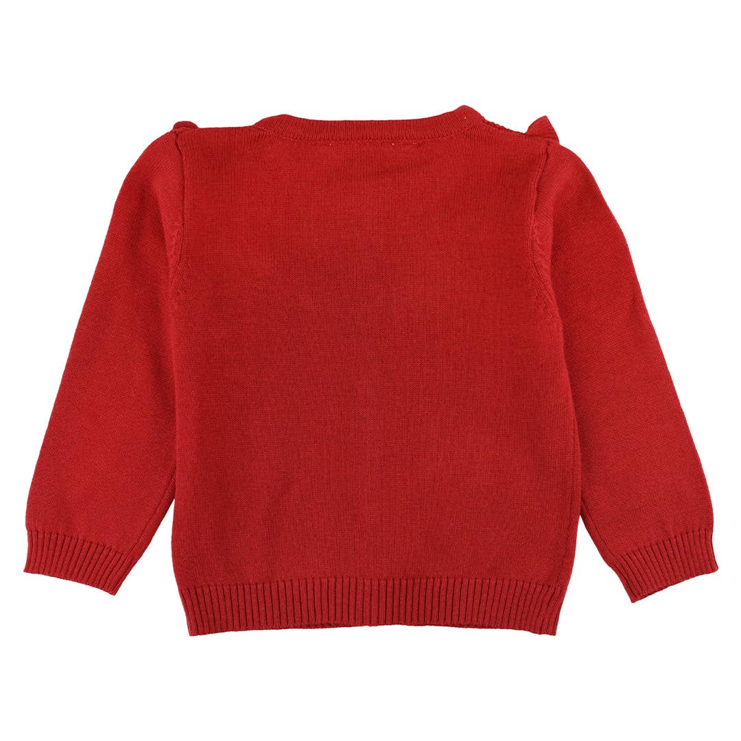 Red Sweater Knit Ruffle Trim Cardigan: Red