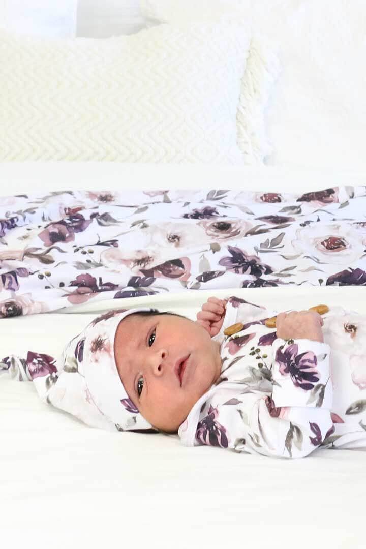 Purple Floral Newborn Baby Knot Gown & Hat Set