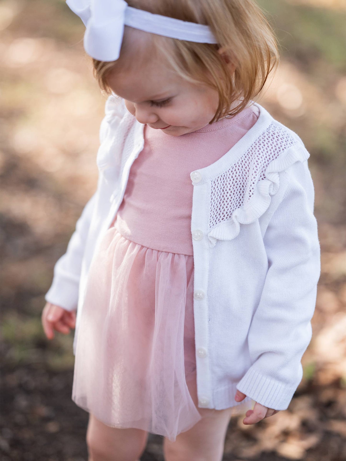 Sweater Knit Ruffle Trim Cardigan: White