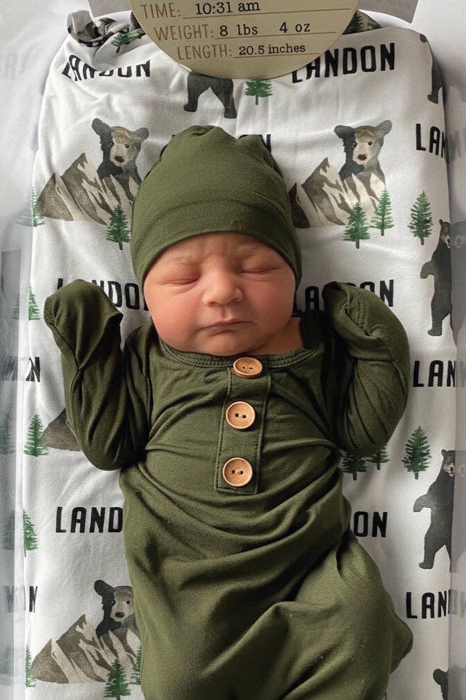Solid Olive Bamboo Baby Knot Gown & Hat: Newborn / 7-14lbs+