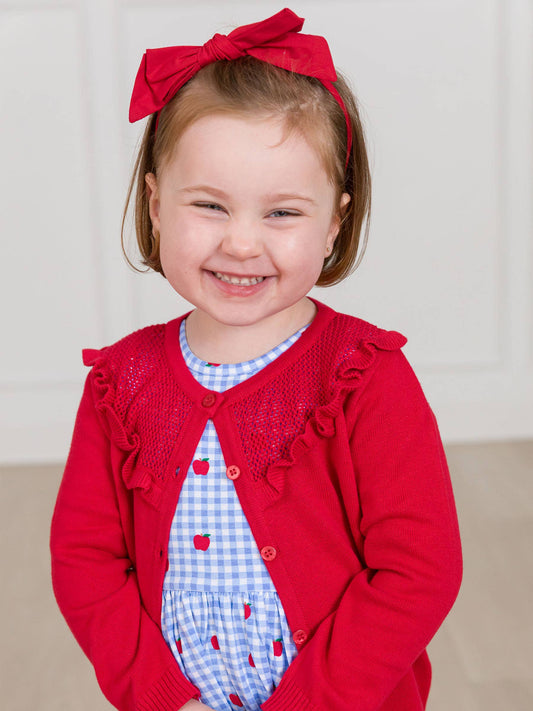 Red Sweater Knit Ruffle Trim Cardigan: Red