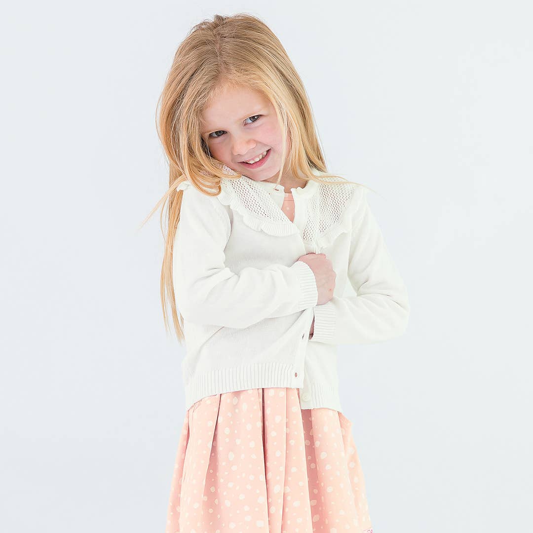 Sweater Knit Ruffle Trim Cardigan: White