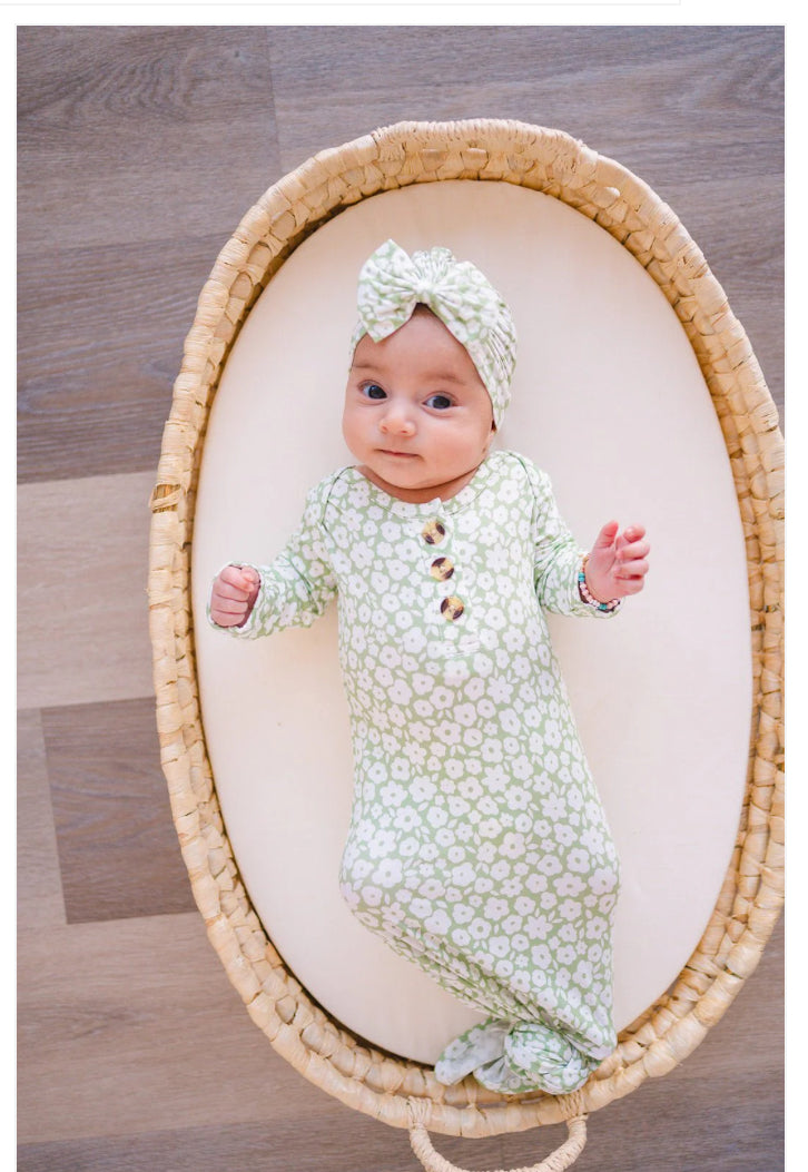 Knotted Gown- Sage Floral + Bow Headband