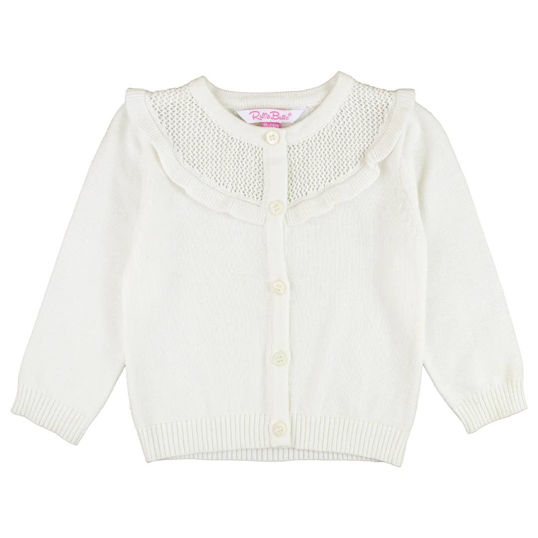 Sweater Knit Ruffle Trim Cardigan: White