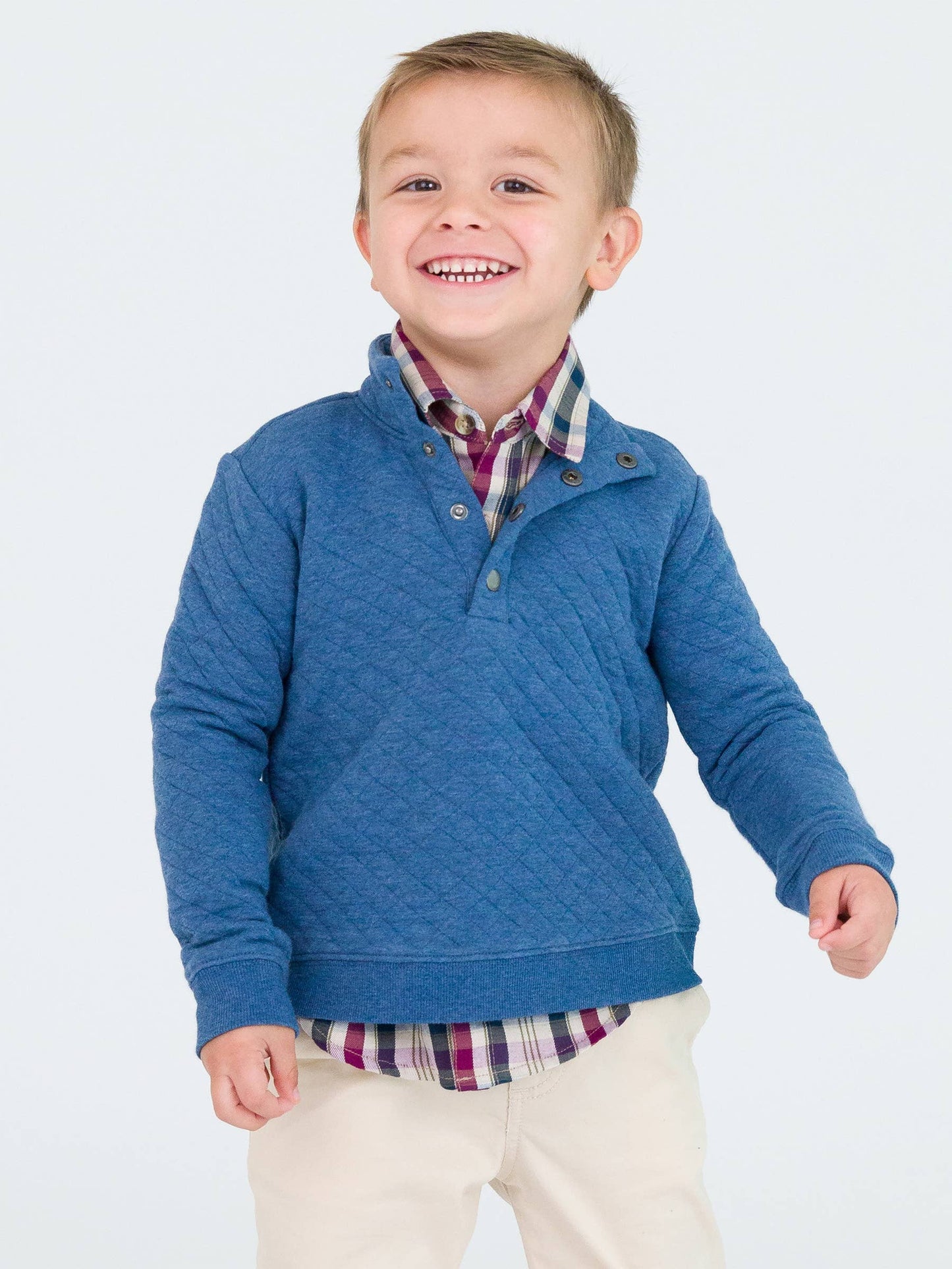Boys Heather Indigo Quilted Quarter Snap Sweatshirt: Blue