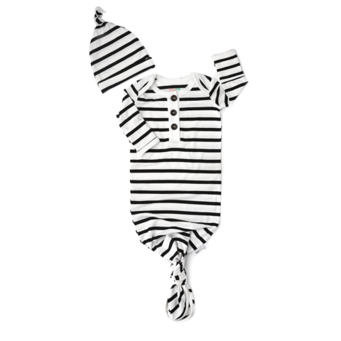 Black and white stripe knotted button newborn gown