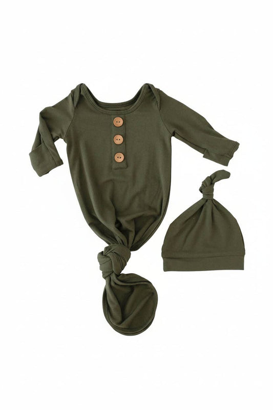 Solid Olive Bamboo Baby Knot Gown & Hat: Newborn / 7-14lbs+