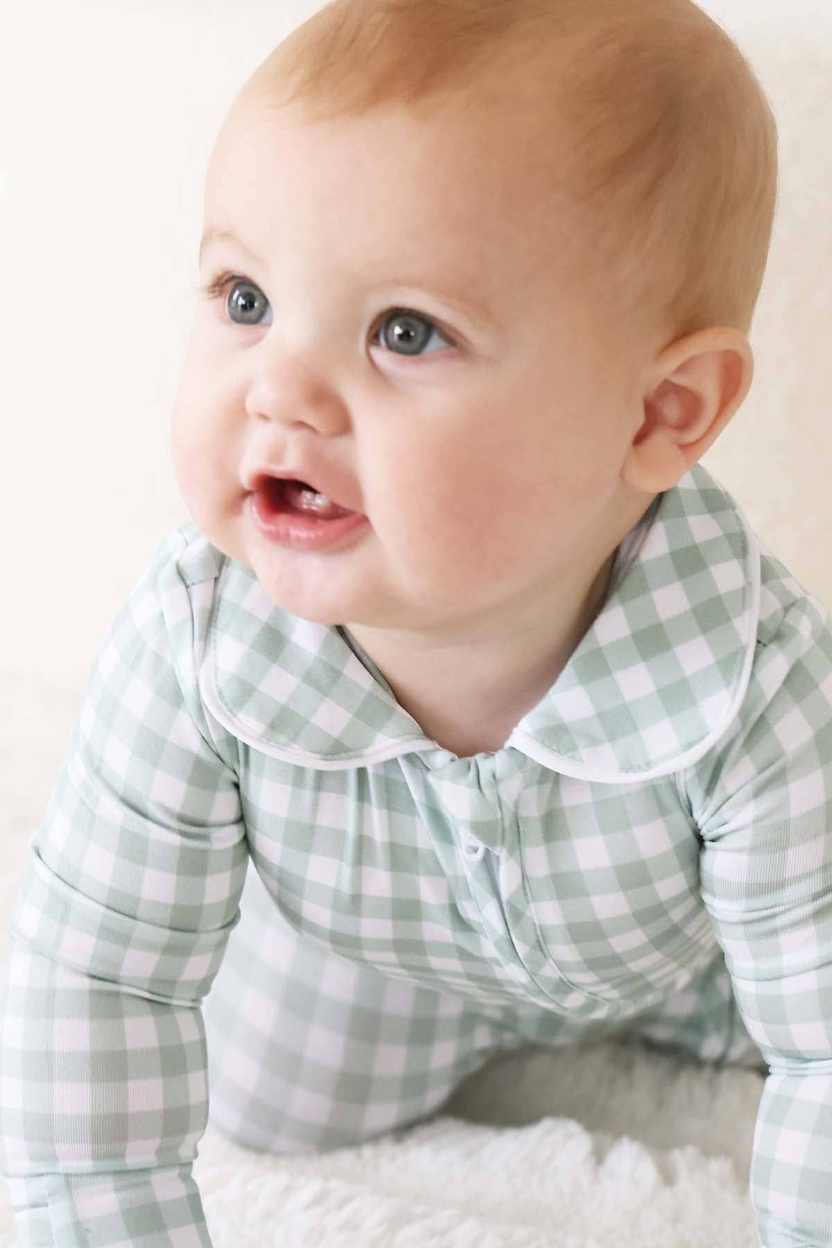 Collar Zipper Footie | Moss Gingham