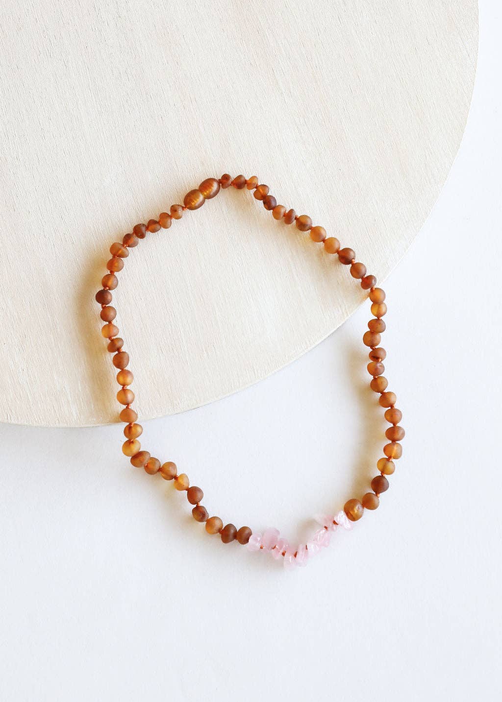 Raw Cognac Baltic Amber + Raw Rose Quartz Beaded Necklace :13" Child Necklace