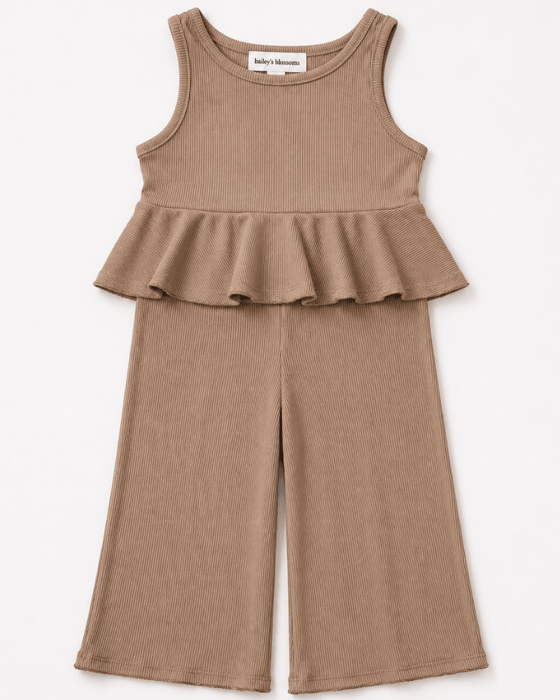 Bailey's Blossoms - Hattie Peplum Top Two-Piece Wide Leg Set - Oatmilk: 18-24months