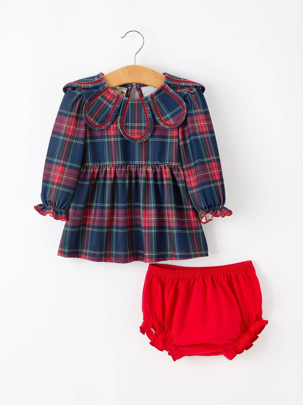 Fall Plaid Set Petal Collar Puff Sleeve Bloomer