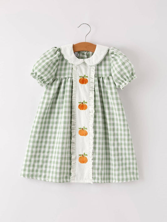 Pumpkin Applique Plaid Green Girls Dress