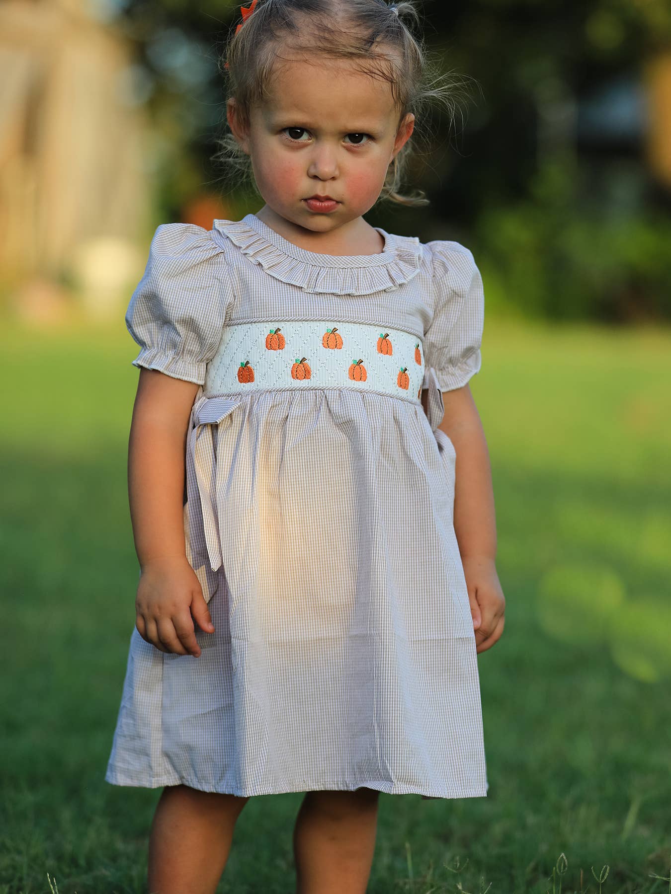 Pumpkin Embroidery Smock Plaid Girls Dress