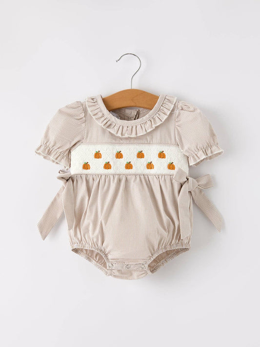 Pumpkin Embroidery Smock Plaid Baby Girl Romper