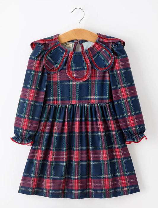 Fall Plaid Petal Collar Long Sleeve Girls Dress