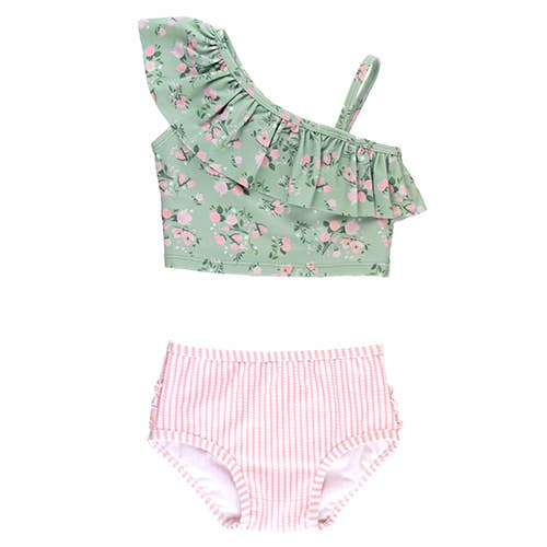Tea Roses One Shoulder Ruffle Tankini 2-Piece Swimsuit