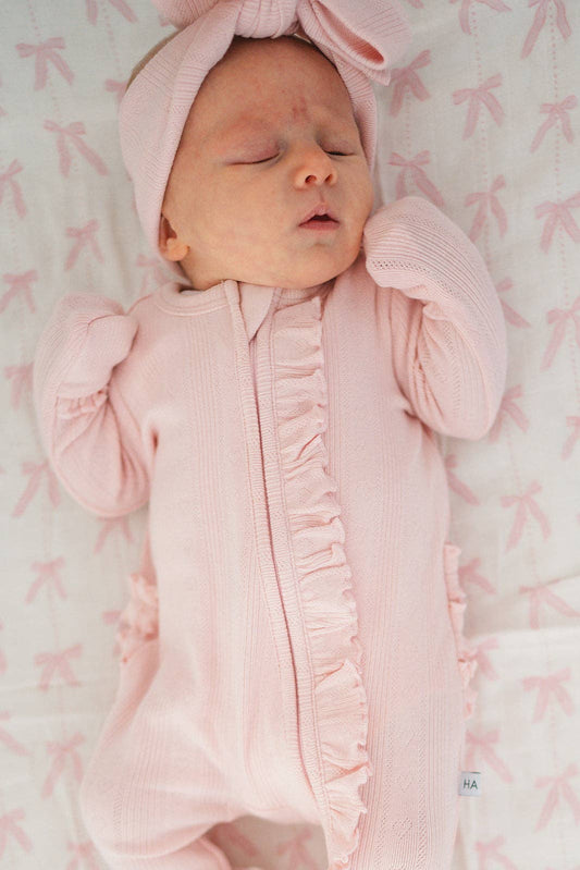 Ruffle Zipper One Piece -  Pink Pointelle: 3-6 Months