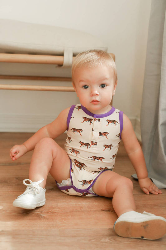 Purple Tiger Bamboo Henley Onesie with Snaps 