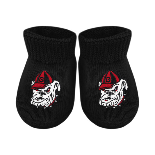 Georgia Bulldogs Newborn Bootie Sock: Black- Bulldog Head