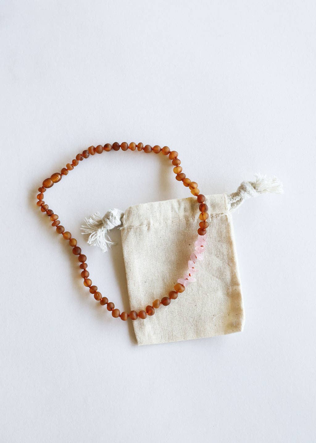 Raw Cognac Baltic Amber + Raw Rose Quartz Beaded Necklace :11" Baby Necklace