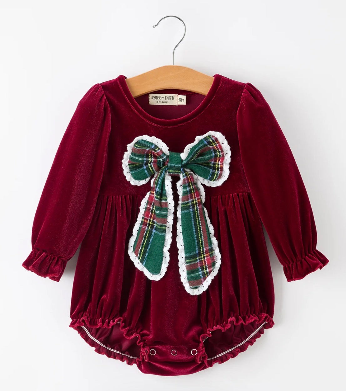 Christmas Burgundy Velvet Plaid Bow Romper
