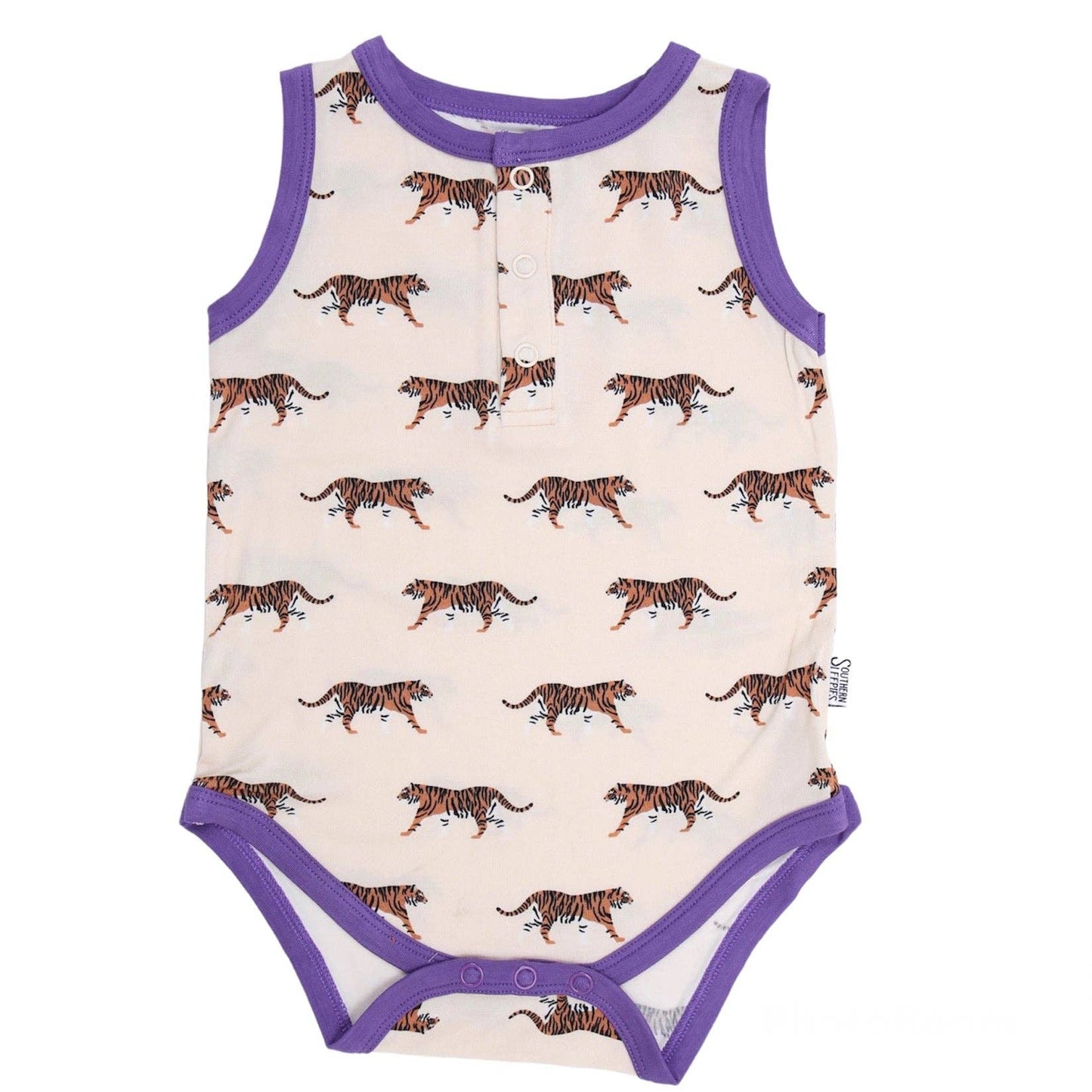 Purple Tiger Bamboo Henley Onesie with Snaps 