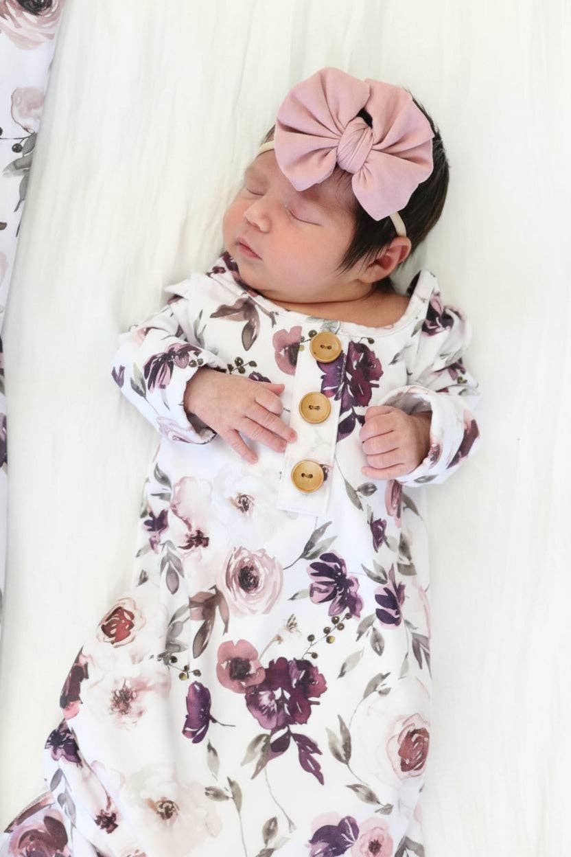 Purple Floral Newborn Baby Knot Gown & Hat Set