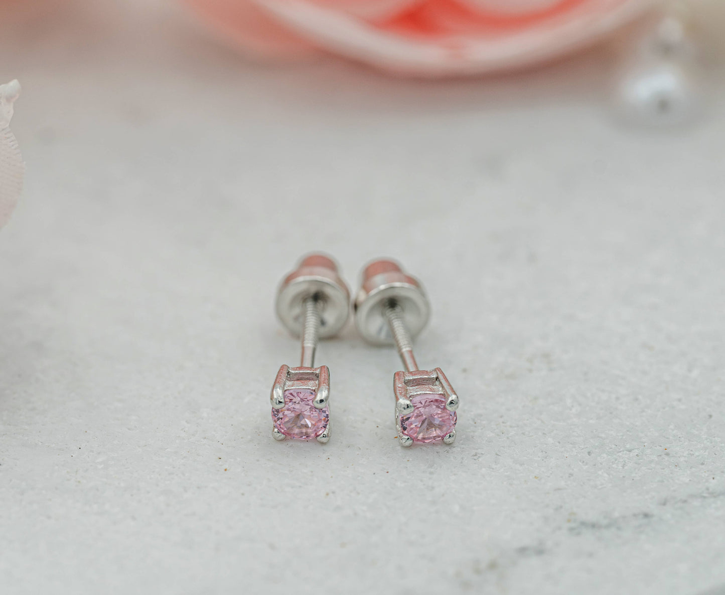 Sterling Silver Screw-Back Pink CZ Stud Earrings