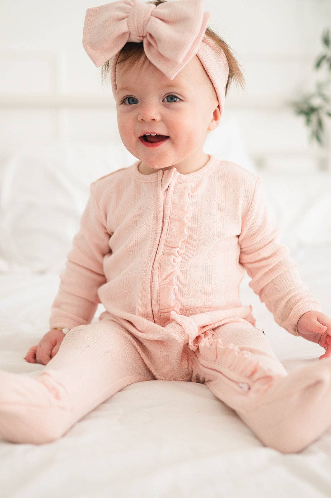 Ruffle Zipper One Piece -  Pink Pointelle: 3-6 Months