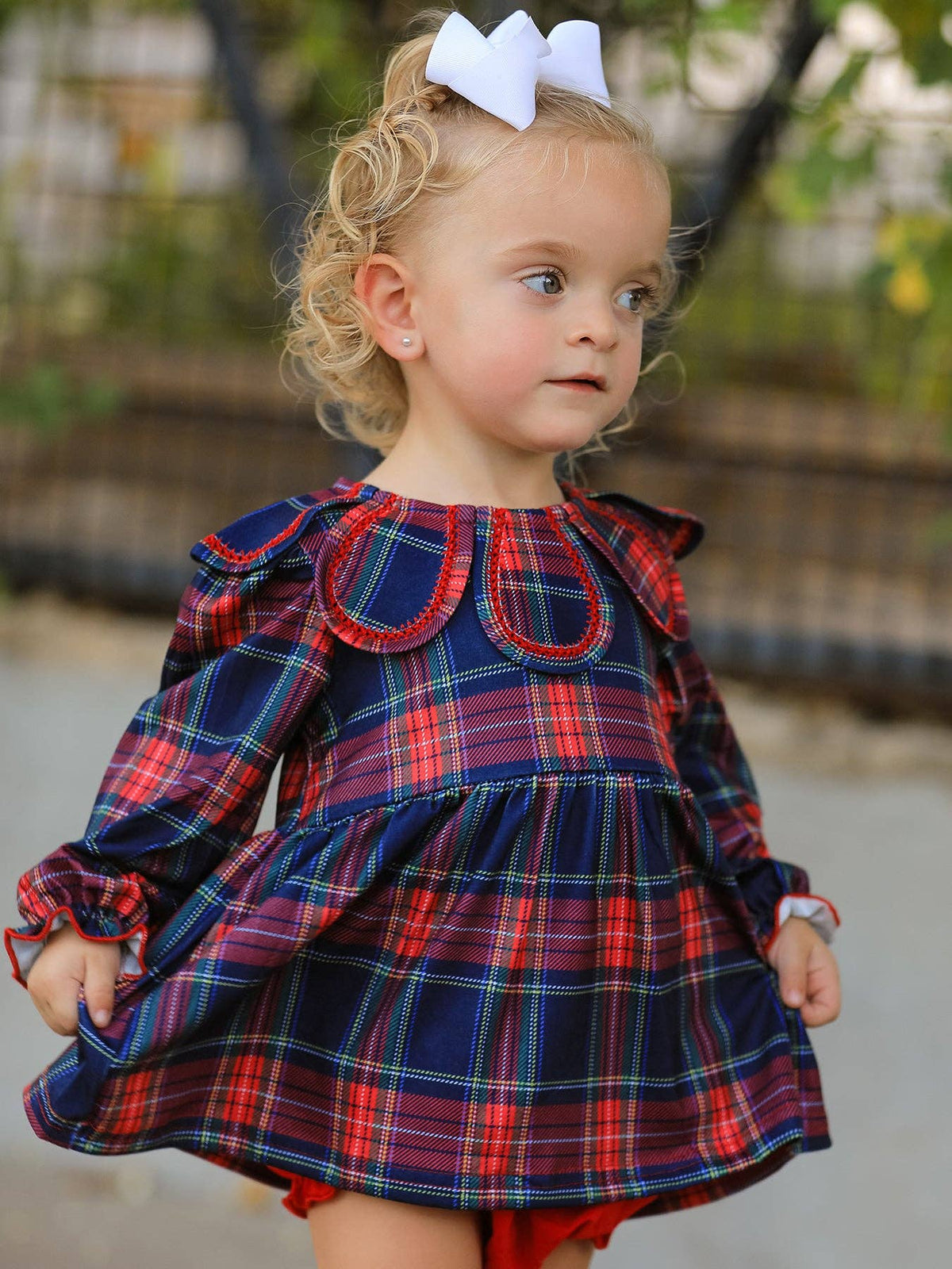 Fall Plaid Set Petal Collar Puff Sleeve Bloomer