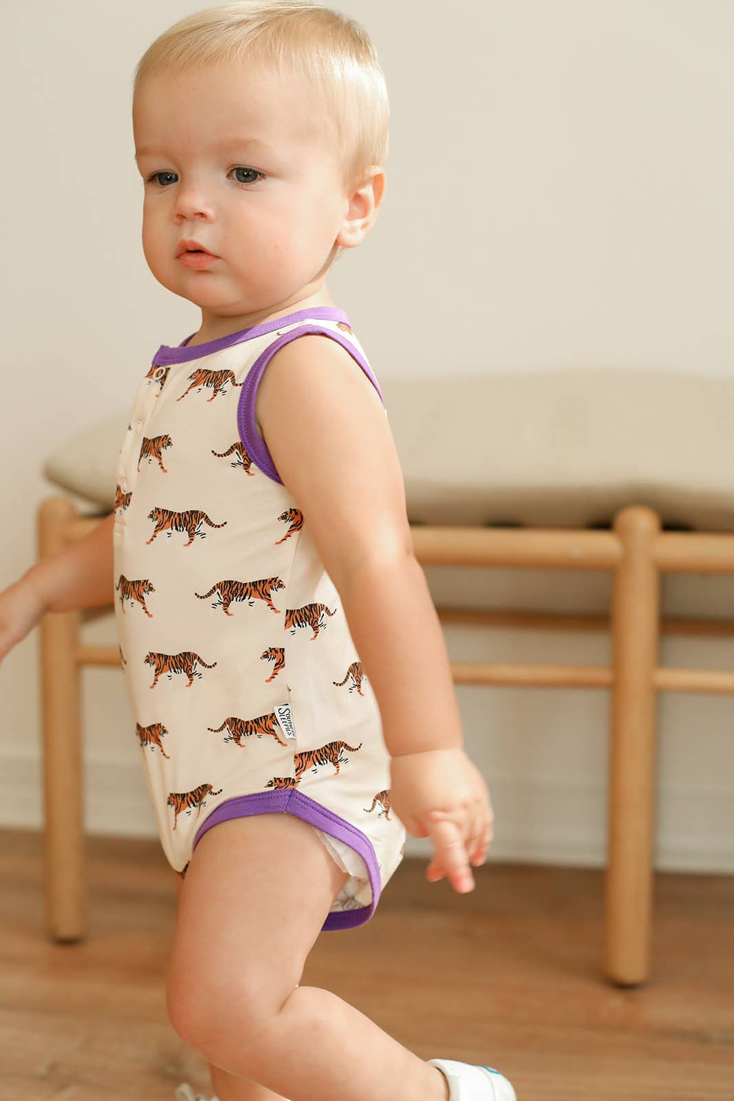 Purple Tiger Bamboo Henley Onesie with Snaps 