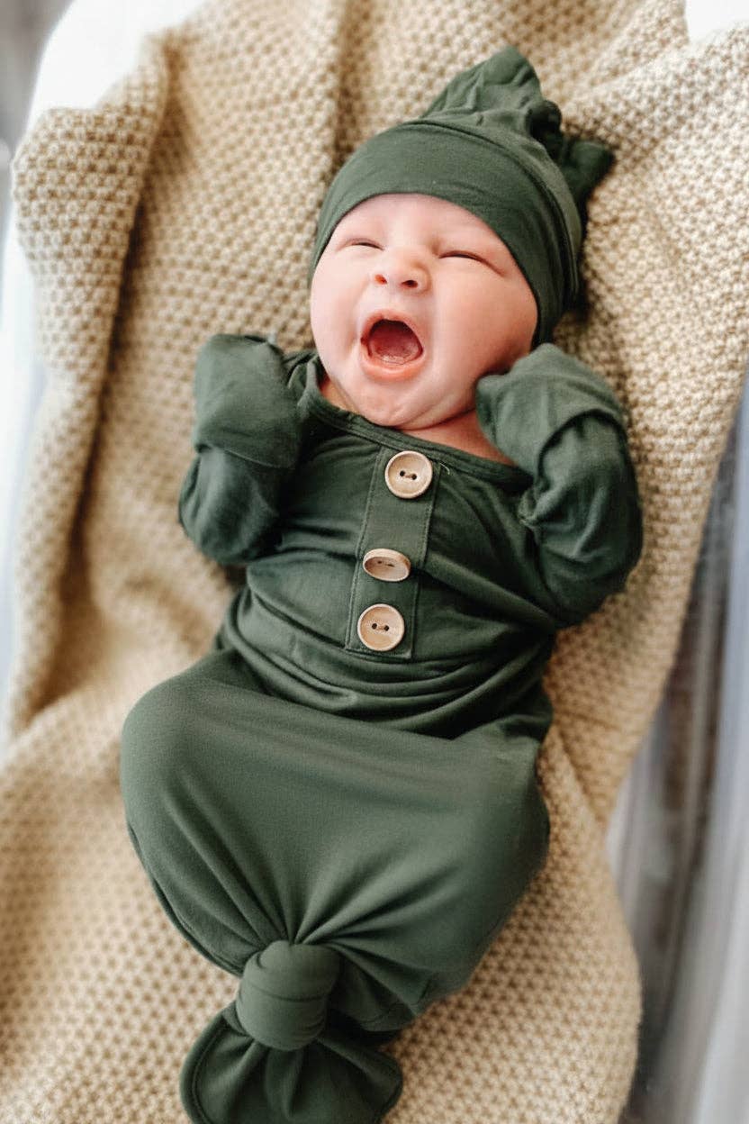 Solid Olive Bamboo Baby Knot Gown & Hat: Newborn / 7-14lbs+
