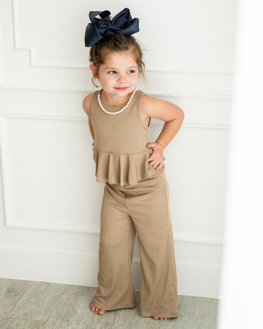 Bailey's Blossoms - Hattie Peplum Top Two-Piece Wide Leg Set - Oatmilk: 18-24months