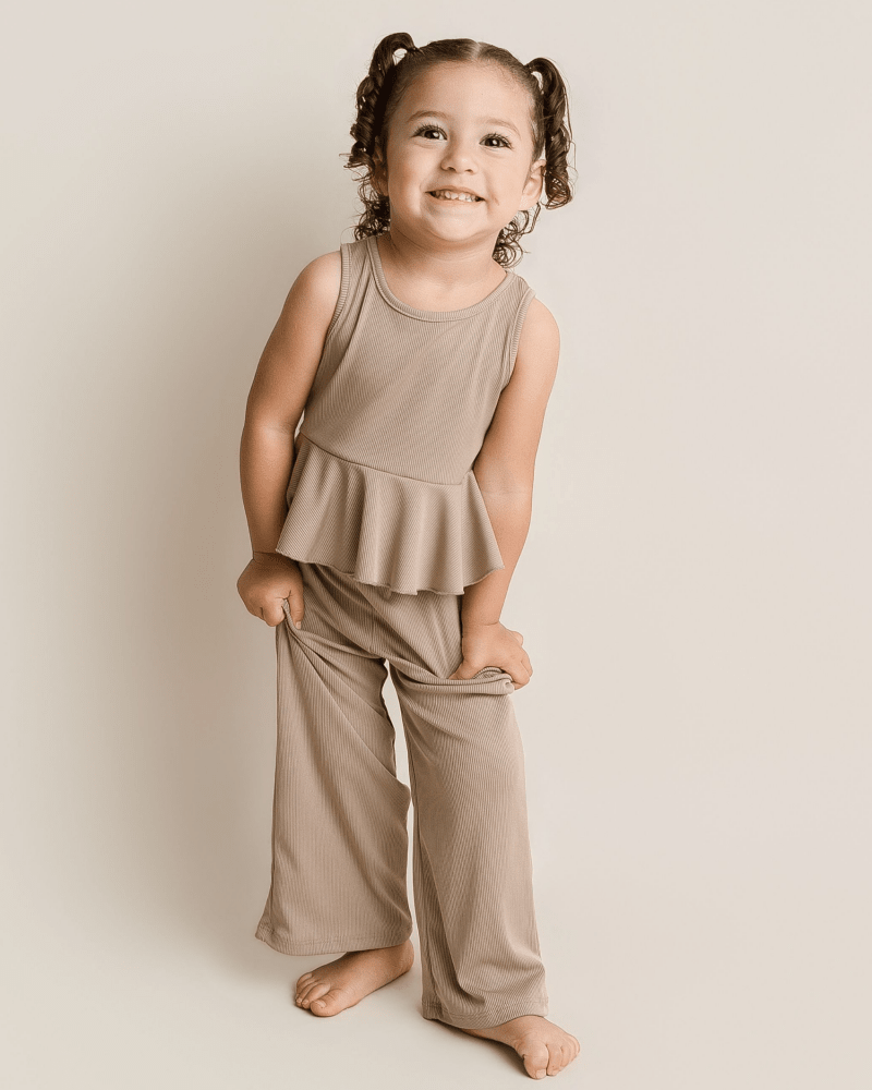 Bailey's Blossoms - Hattie Peplum Top Two-Piece Wide Leg Set - Oatmilk: 18-24months