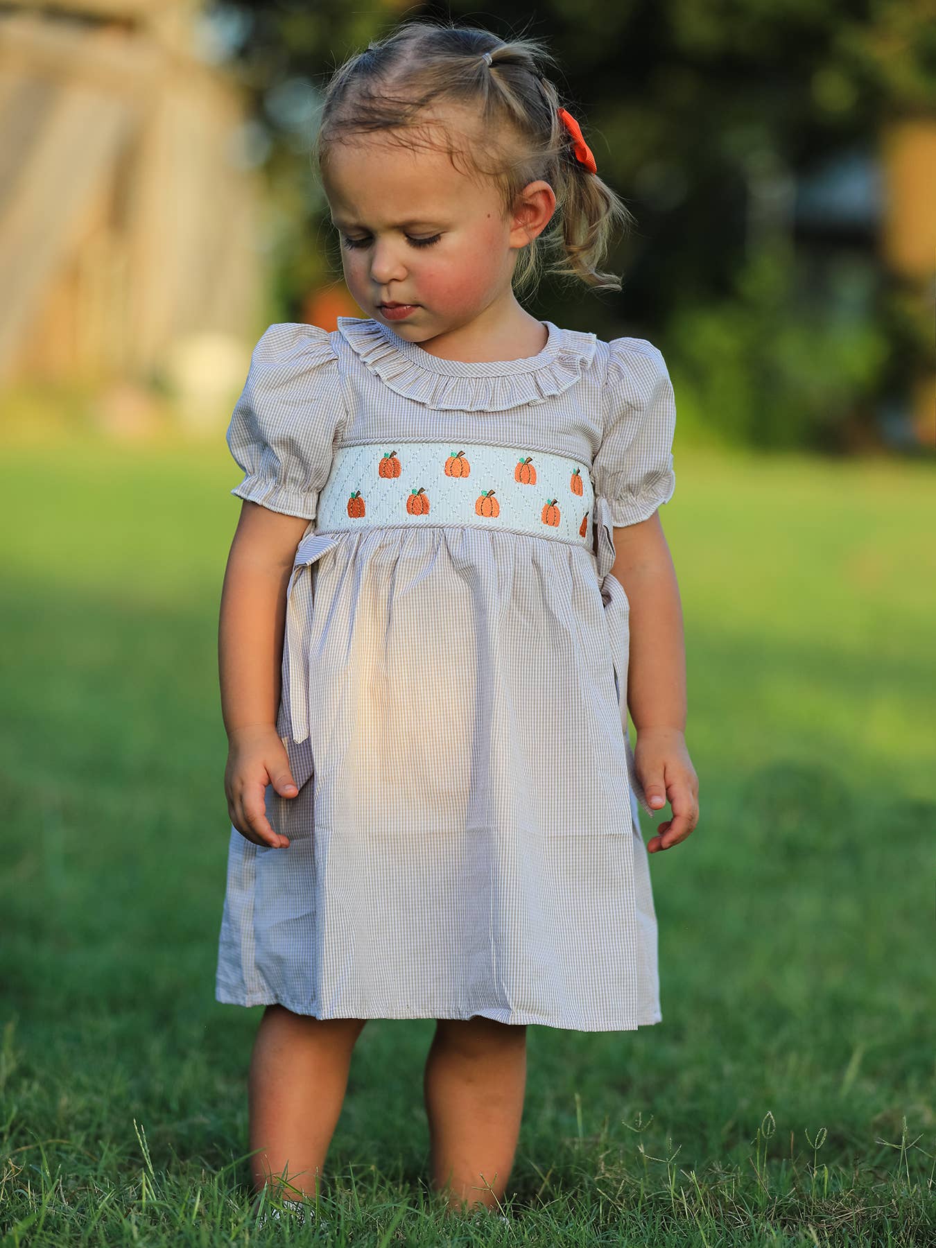 Pumpkin Embroidery Smock Plaid Girls Dress