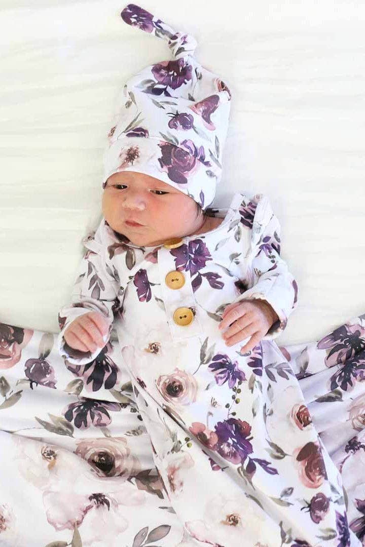 Purple Floral Newborn Baby Knot Gown & Hat Set