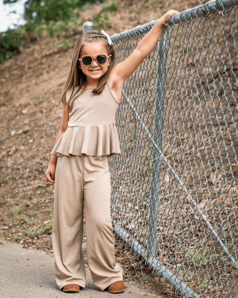 Bailey's Blossoms - Hattie Peplum Top Two-Piece Wide Leg Set - Oatmilk: 18-24months