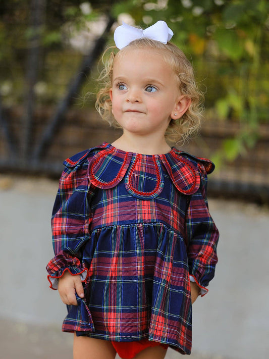Fall Plaid Set Petal Collar Puff Sleeve Bloomer