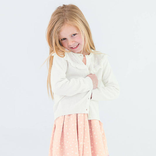 Sweater Knit Ruffle Trim Cardigan: White