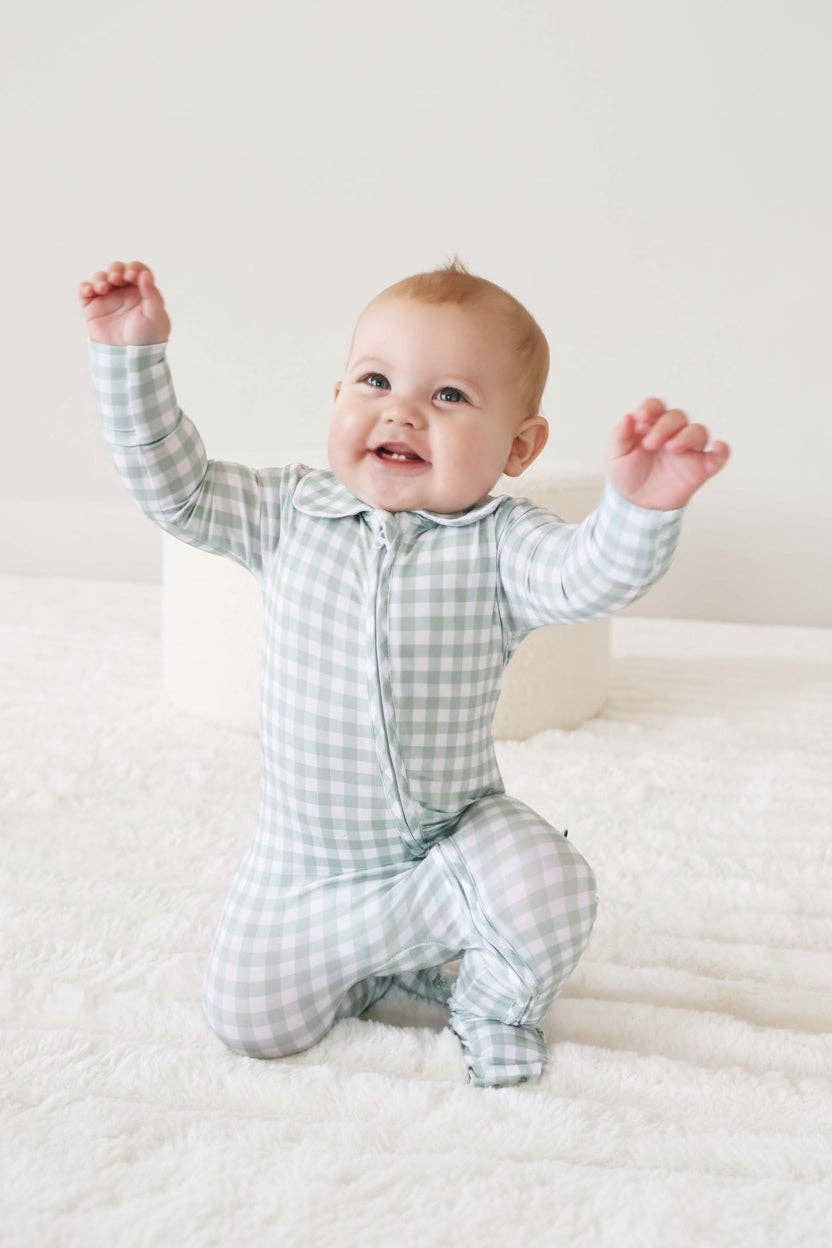 Collar Zipper Footie | Moss Gingham