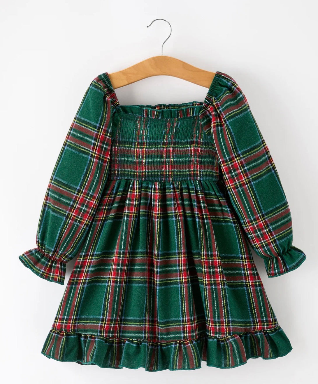 Christmas Green Plaid Long Sleeve Toddler Dress