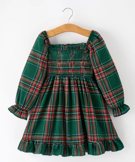 Christmas Green Plaid Long Sleeve Toddler Dress