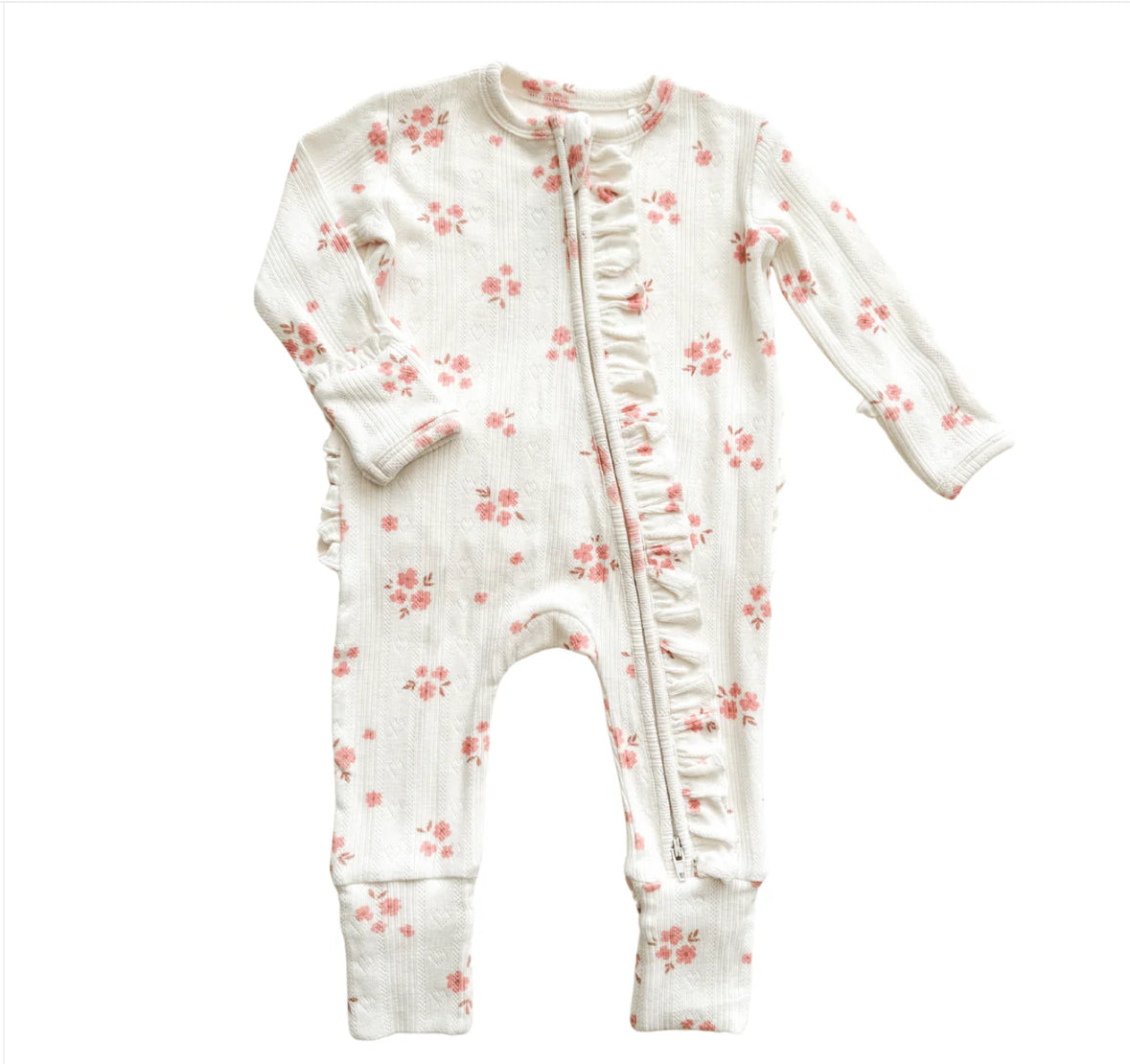 Ruffle Zipper Onesie- Pink Floral Pointelle