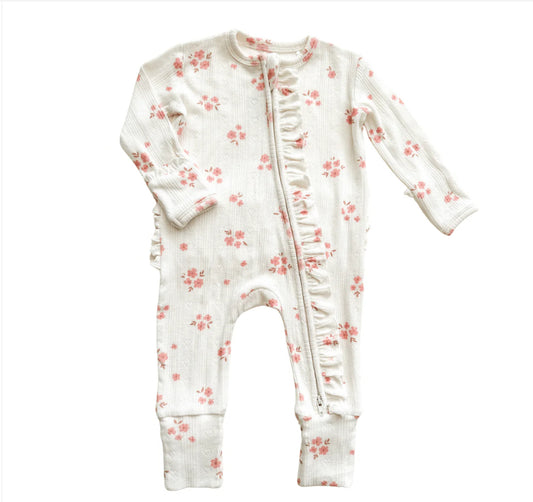 Ruffle Zipper Onesie- Pink Floral Pointelle