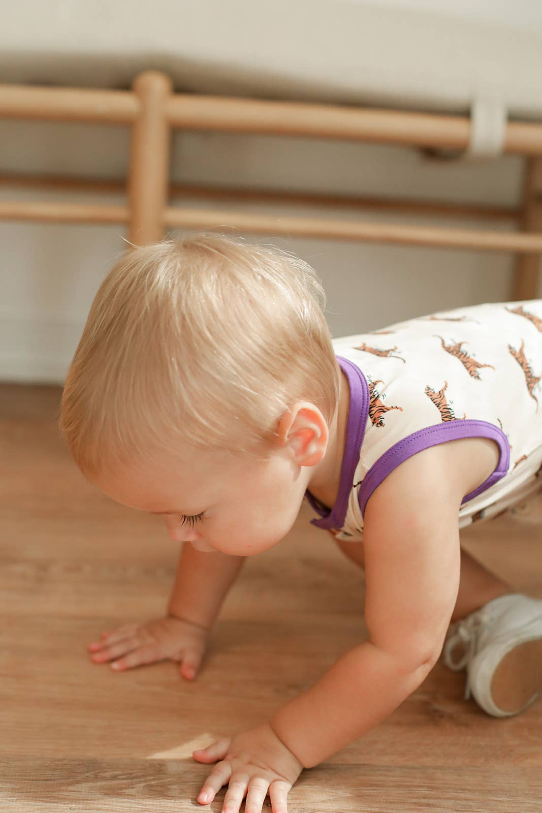 Purple Tiger Bamboo Henley Onesie with Snaps 