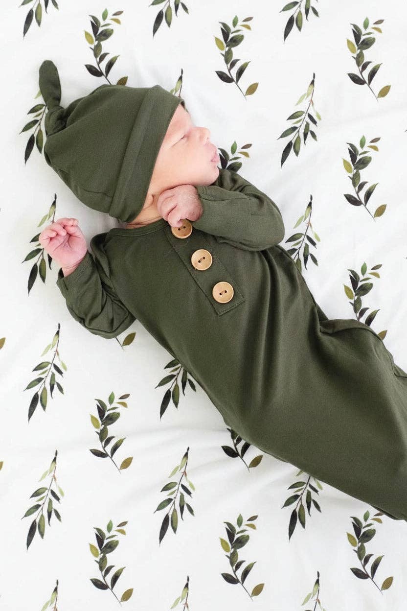 Solid Olive Bamboo Baby Knot Gown & Hat: Newborn / 7-14lbs+