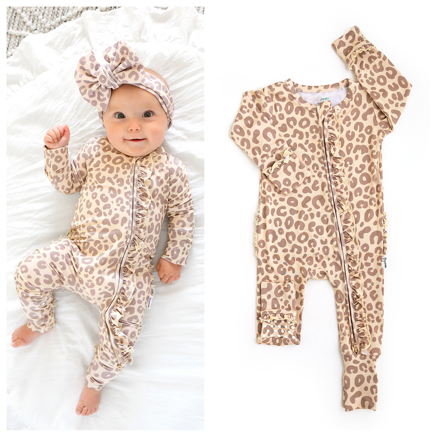Amari Leopard RUFFLE ZIP Bamboo Onesie