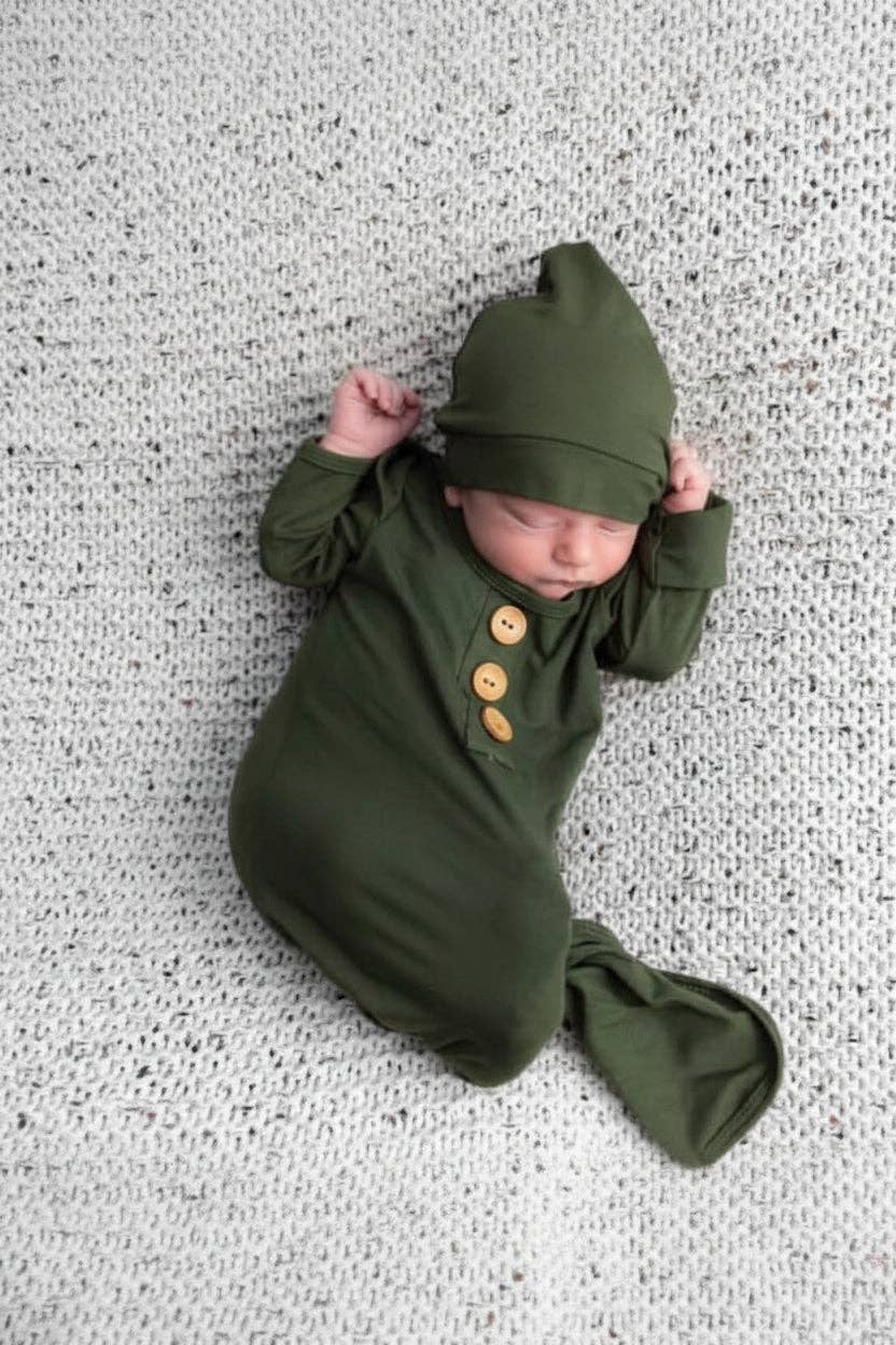 Solid Olive Bamboo Baby Knot Gown & Hat: Newborn / 7-14lbs+