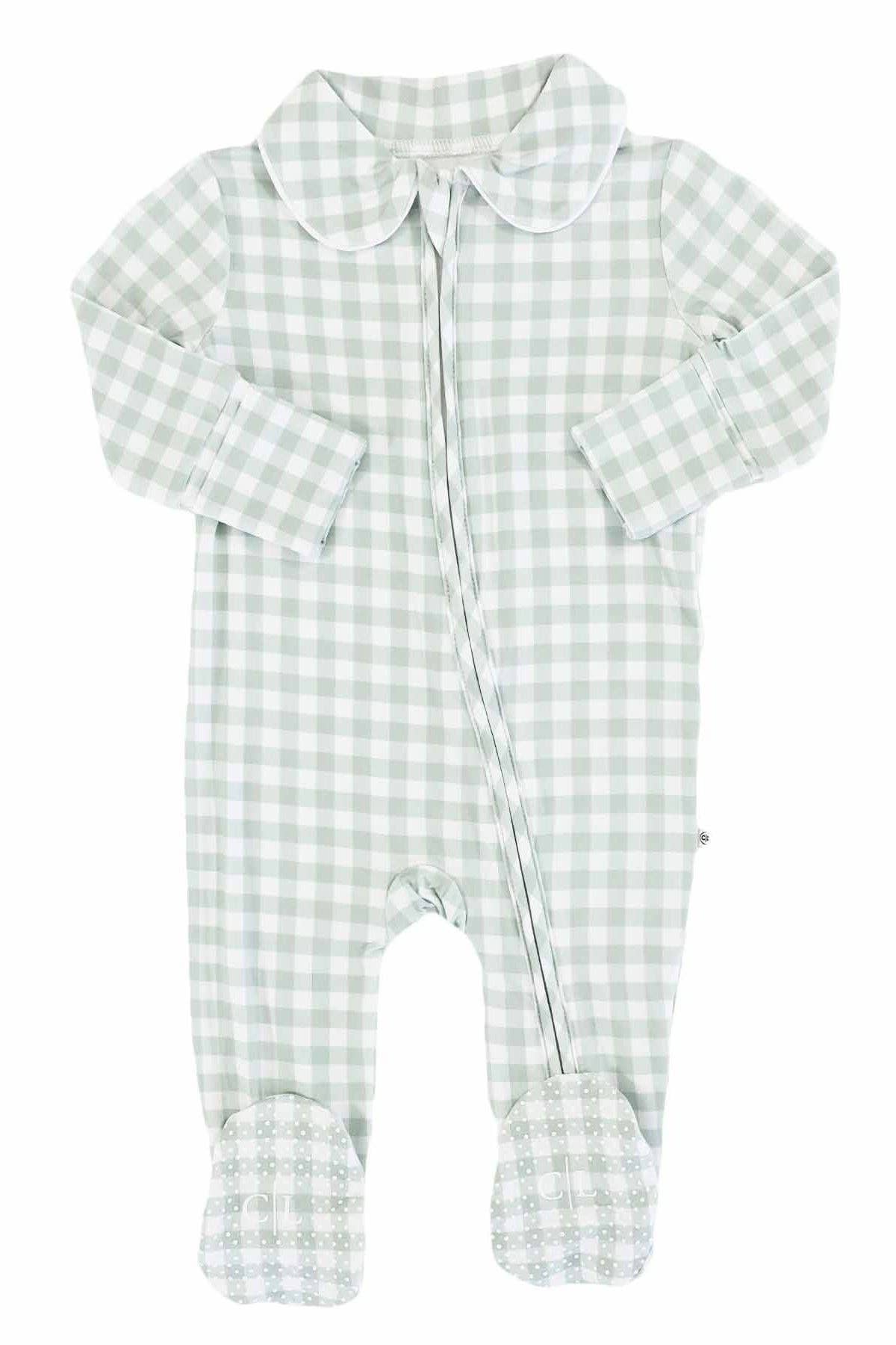 Collar Zipper Footie | Moss Gingham